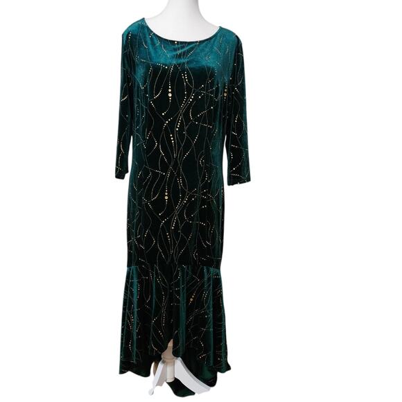 Ever Pretty Hi-Lo Green Velour Formal Dress Size 18 Full Zip Stretch Sparkles - Picture 1 of 7